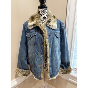 FABIO WOMENS
BLUE DENIM JACKET LUSH FAUX FUR
LINING BLUE JEAN
COAT/JACKET Large